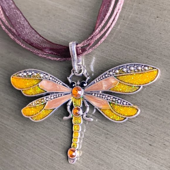 Spring Multicolor Dragonfly Rhinestone Pendant Organza Cord Adjustable Necklace - Picture 15 of 15